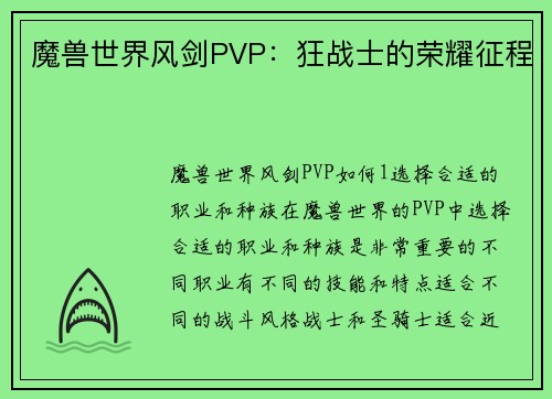 魔兽世界风剑PVP：狂战士的荣耀征程